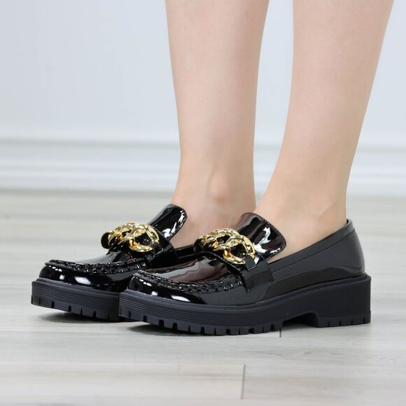 Womens Chunky Penny Loafer Lug Sole Slip On Platform Black Patent Gold Chain - Picture 8 of 15
